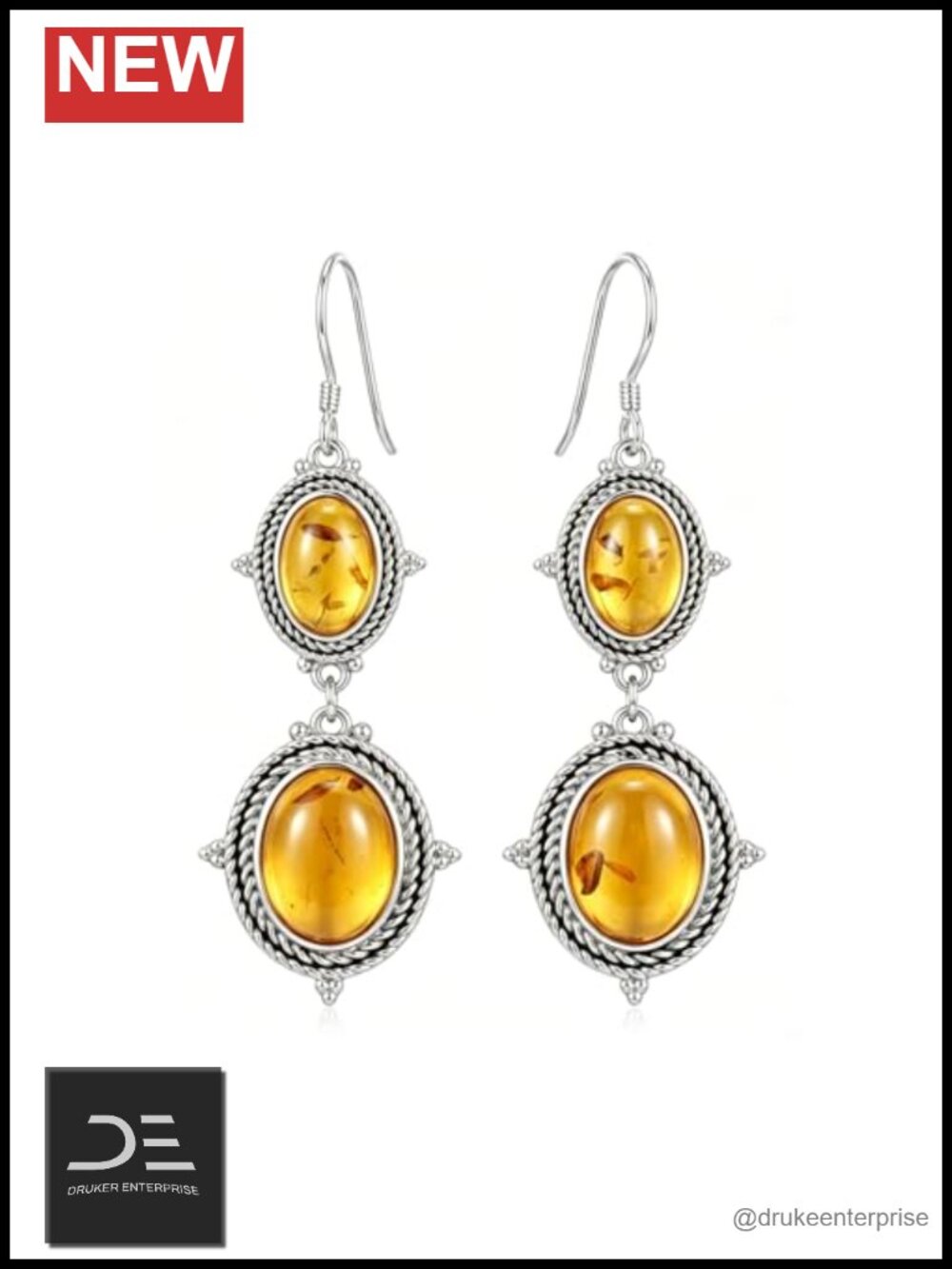 925 Sterling Silver Natural Amber Dangle Earrings Women Vintage Drop